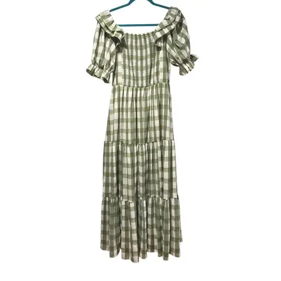 JessaKae Orchard Green & White Gingham Dress Cottagecore Prariecore Elastic | S - Picture 3 of 16